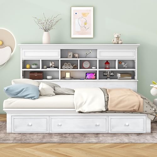 Antique White Twin Size Wood Daybed Frame with 3 Drawers Y601243