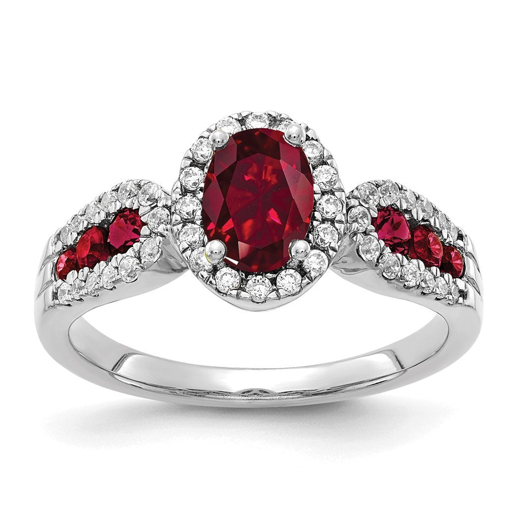 14k White Gold Lab Grown Diamond and Oval Created Ruby Ring Size 7.00 B9695