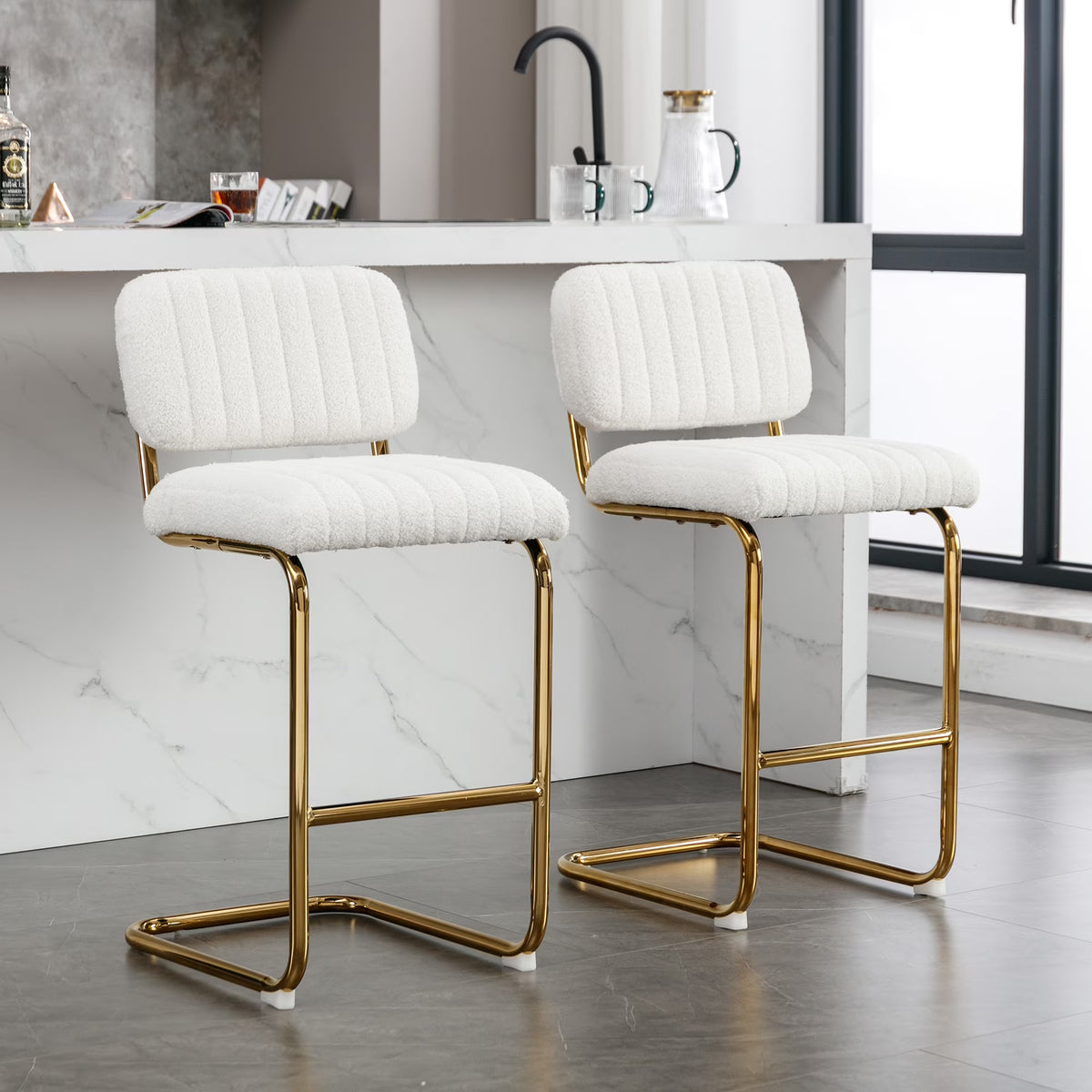 Ivory Boucle Fabric Counter Height Bar Stools Set of 2 K436