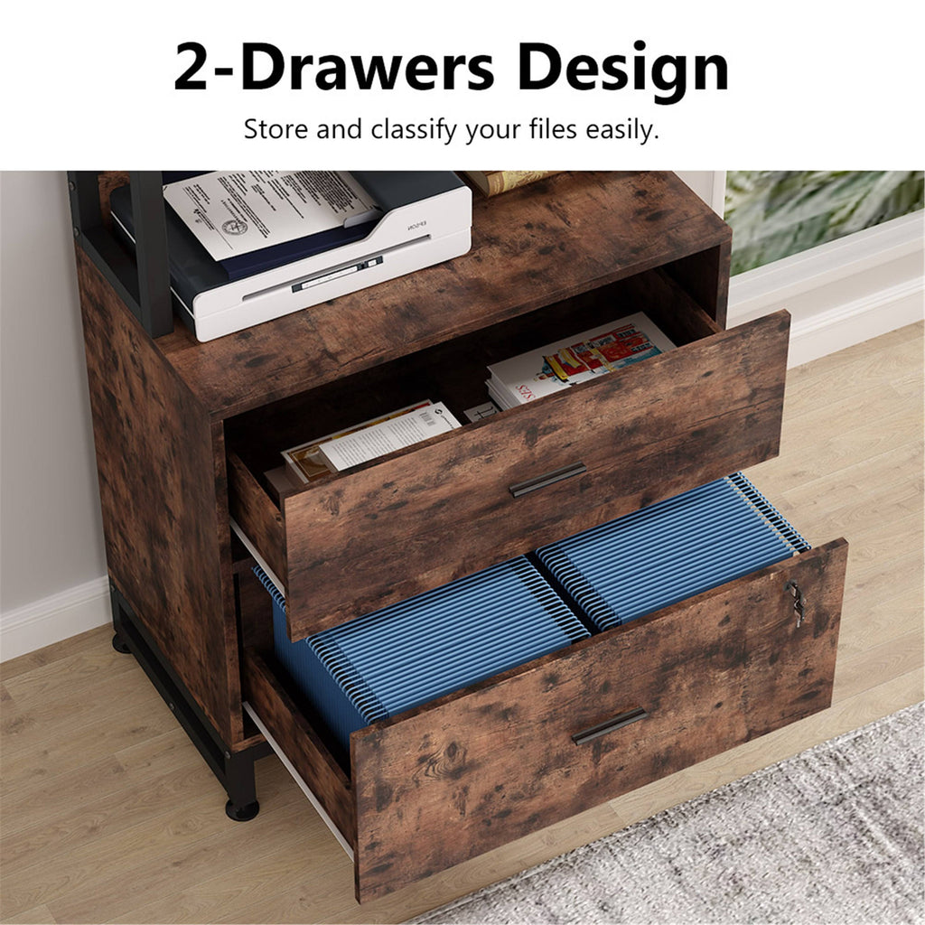 2 Drawer File Cabinet with Lock Bookshelf, Letter Size Printer Stand - Brown Y740566