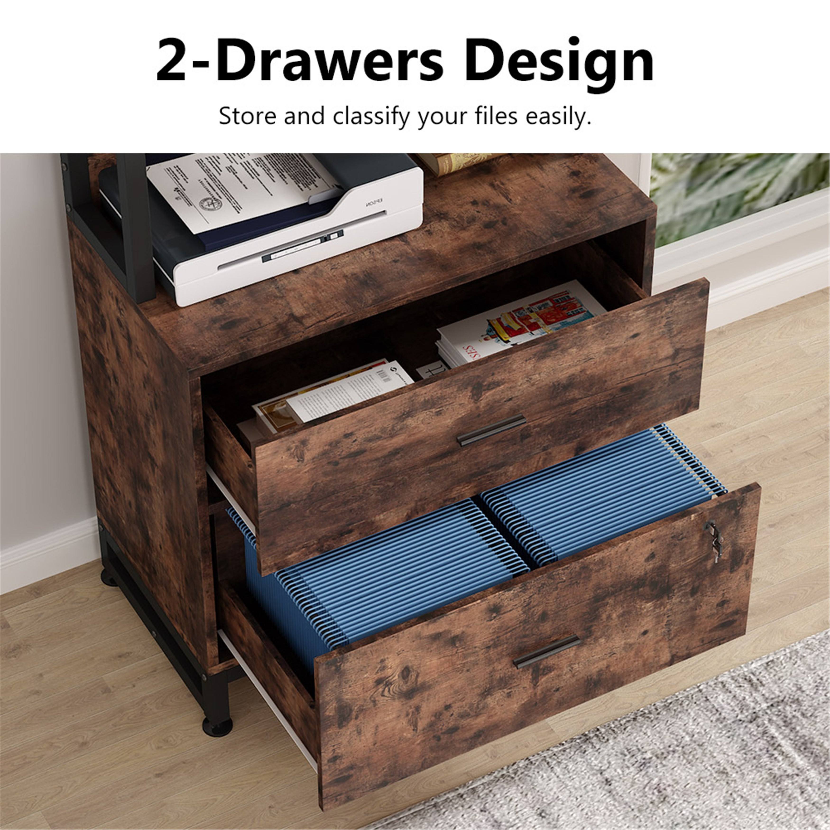 2 Drawer File Cabinet with Lock Bookshelf, Letter Size Printer Stand - Brown Y740566