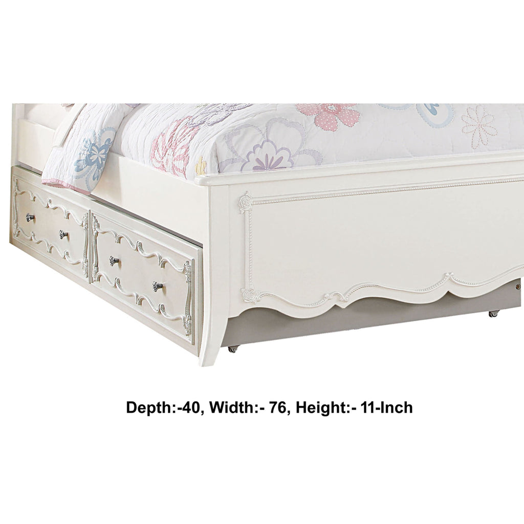 White Twin Size Wooden Trundle with Round Knobs and Caster Wheels G384