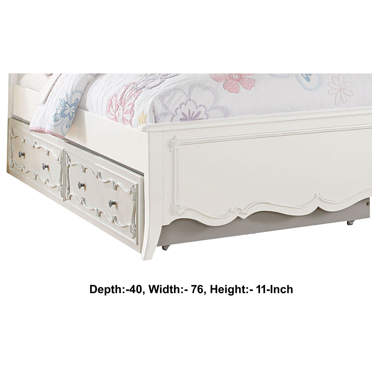 White Twin Size Wooden Trundle with Round Knobs and Caster Wheels G384