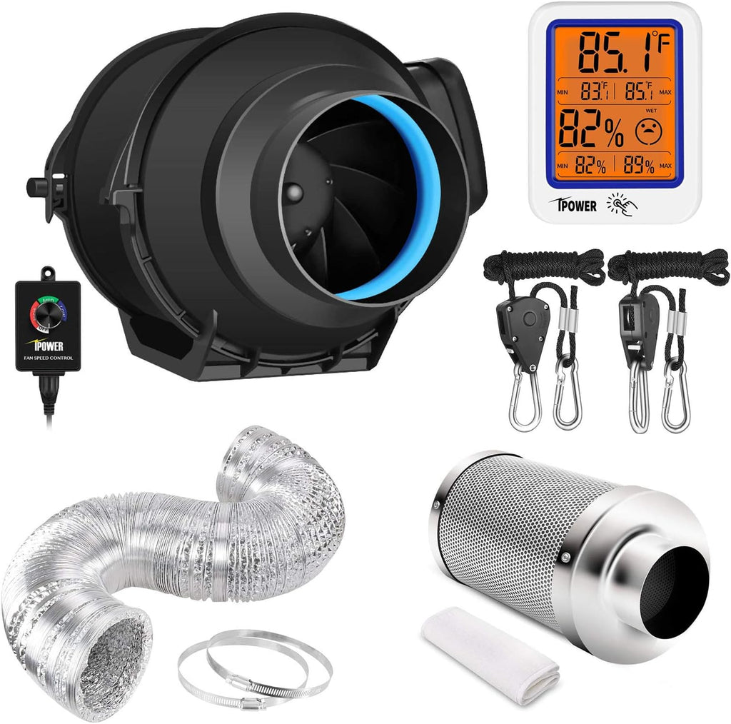 4 Inch 118 CFM Inline Blower Fan Air Carbon Filter, 25 Feet Ducting Hose Variable Speed Controller, Digital Hygrometer Thermometer, 1-Pair Rope Hanger Combo G398