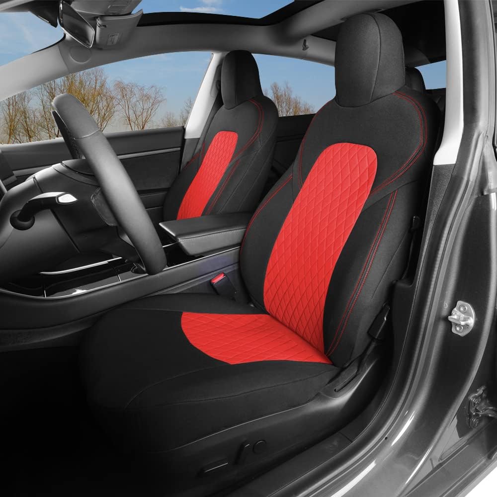 Red and Black Fabric Car Seat Cover Set for Tesla Model 3/Y V966