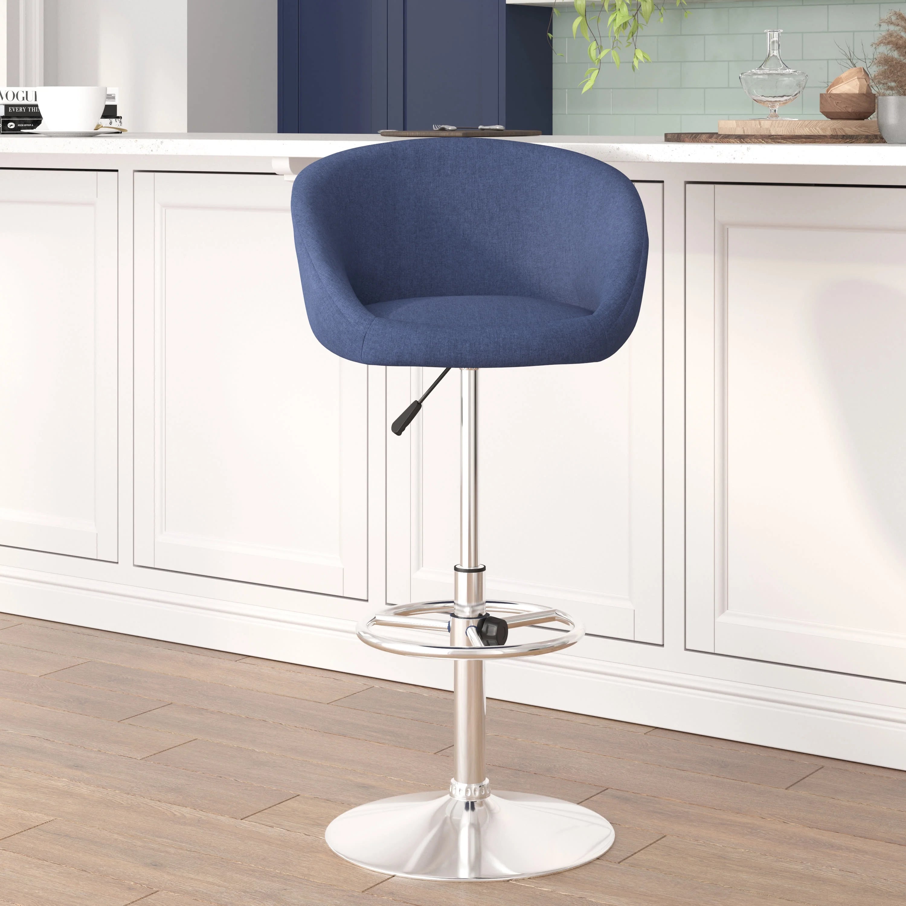 Blue Fabric Adjustable Height Barstool with Barrel Back and Chrome Base H8021