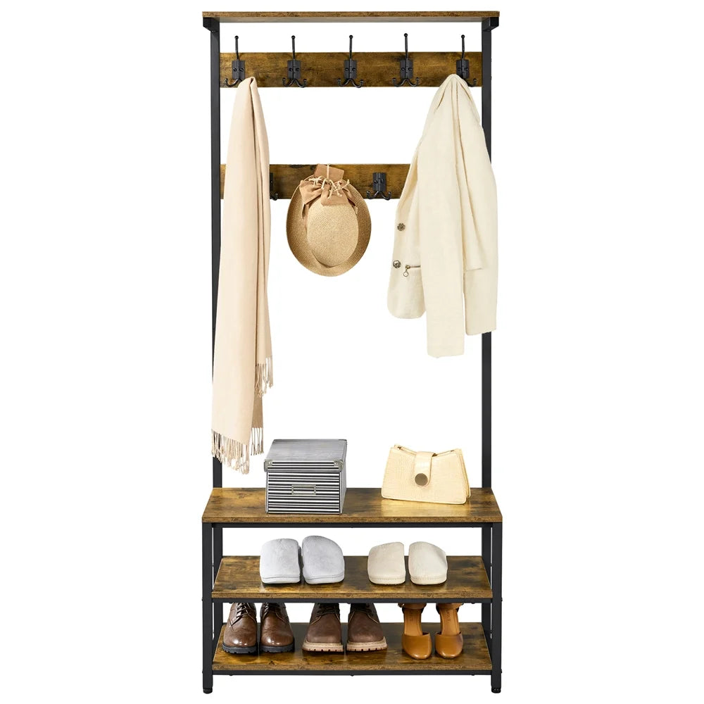 Rustic Brown 3-in-1 Industrial Hall Tree with Shoe Storage & Hooks R641