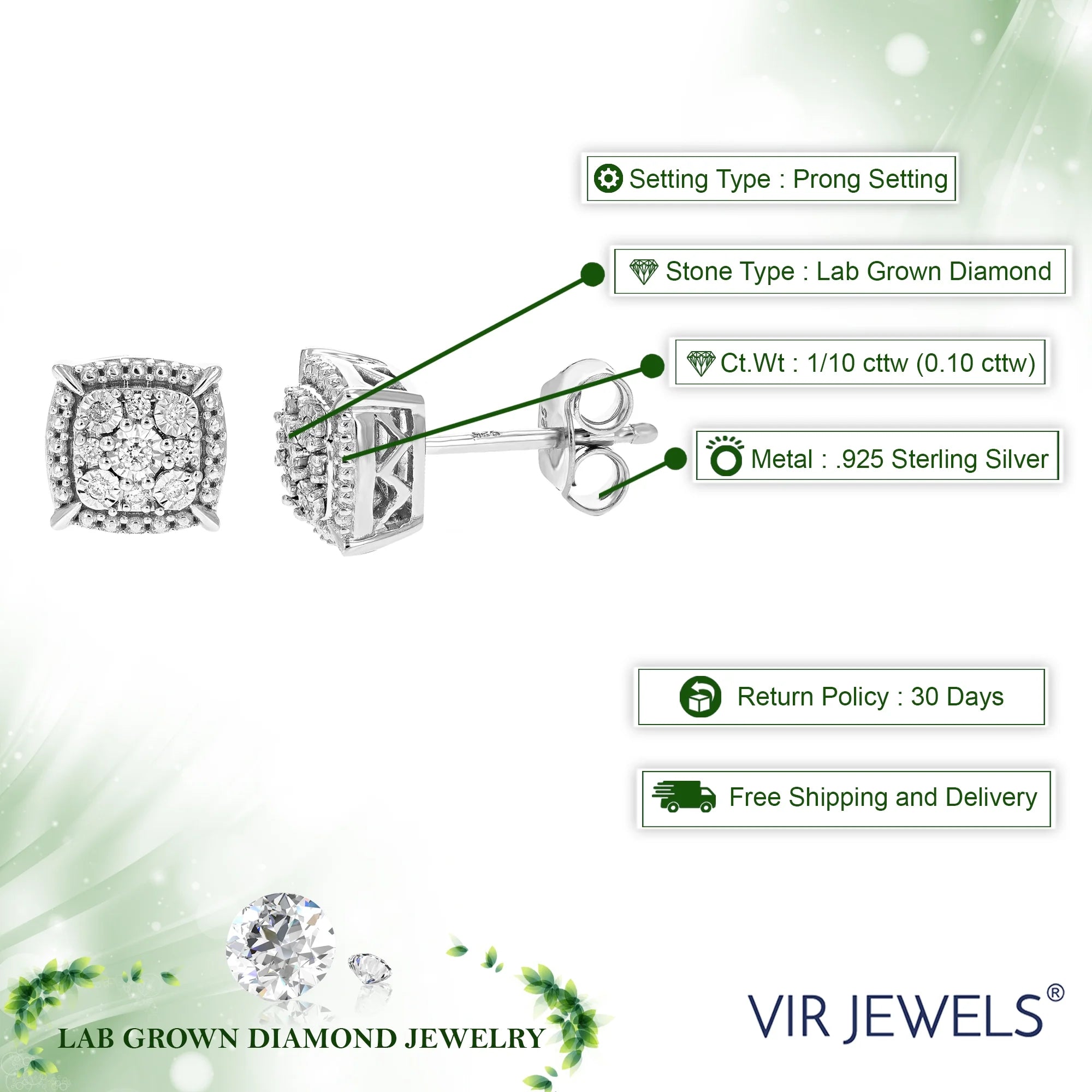 1/10 CTTW Lab Grown Diamond Stud Earrings in .925 Sterling Silver N4846