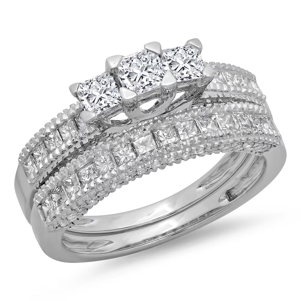 10K White Gold Diamond Bridal 3 Stone Engagement Ring With Matching Band Y618359