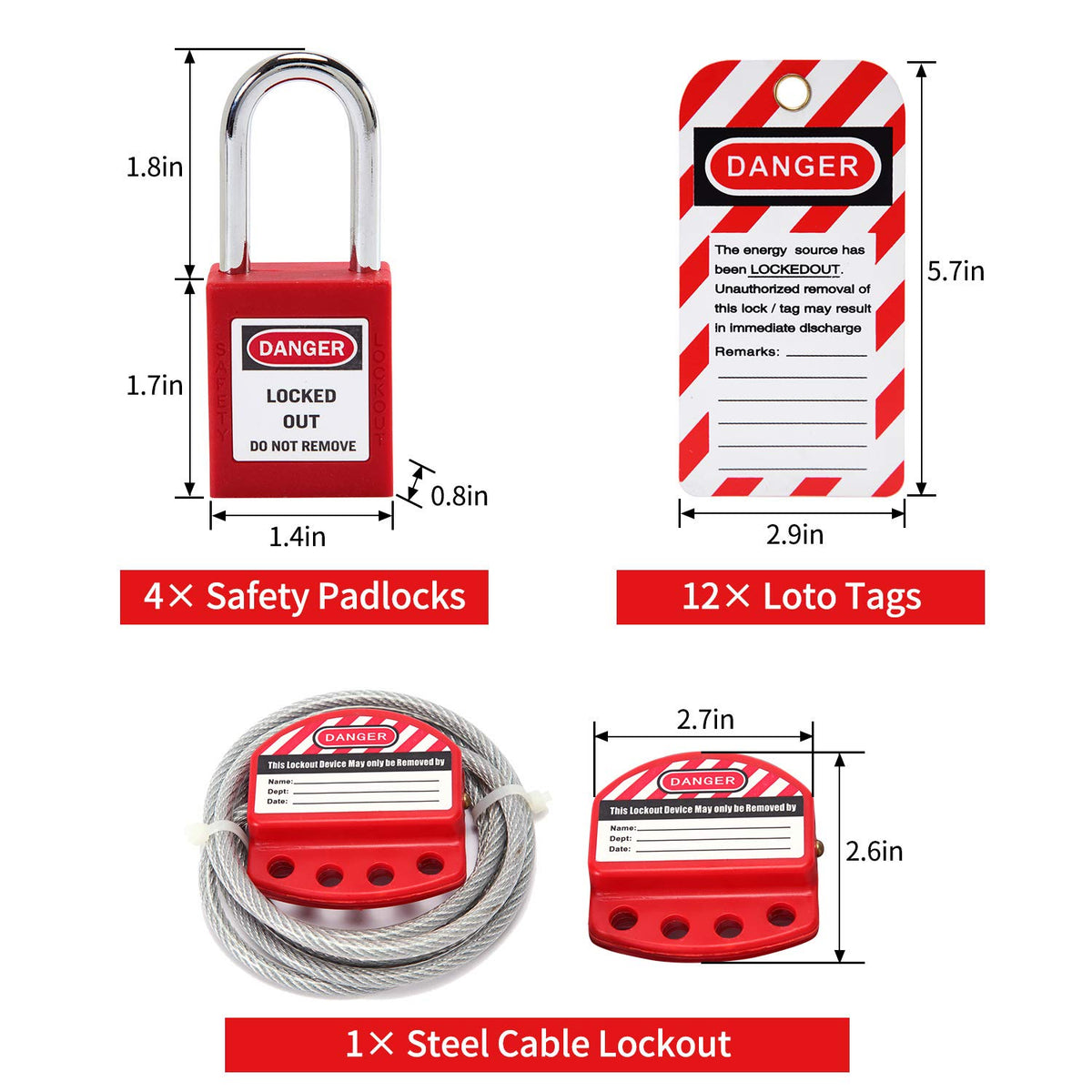Lockout Tagout Kit with Safety Padlocks, Hasp, Breaker Lockout, Ball Valve Lockout, Steel Cable Lockout, Plug, Valve Lockout, Tags Q62617