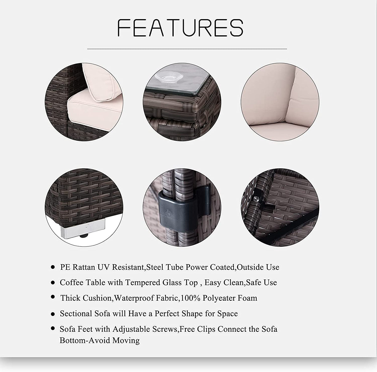 6pcs Gray Rattan Wicker Sectional Outdoor Sofa Set with Black Washable Seat Cushions & Glass Coffee Table V130597