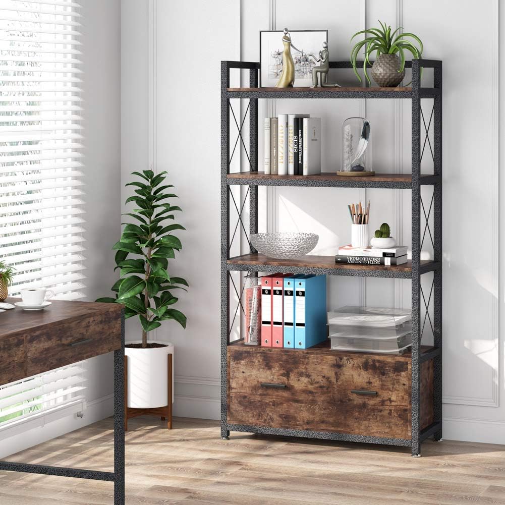 Freestanding Lateral Filing Cabinet with Drawer and Open Storage Shelves G1472