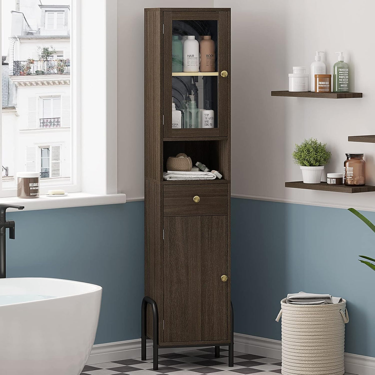 67'' Tall Bathroom Storage Cabinet with Drawer, Glass Door & Shelves D745