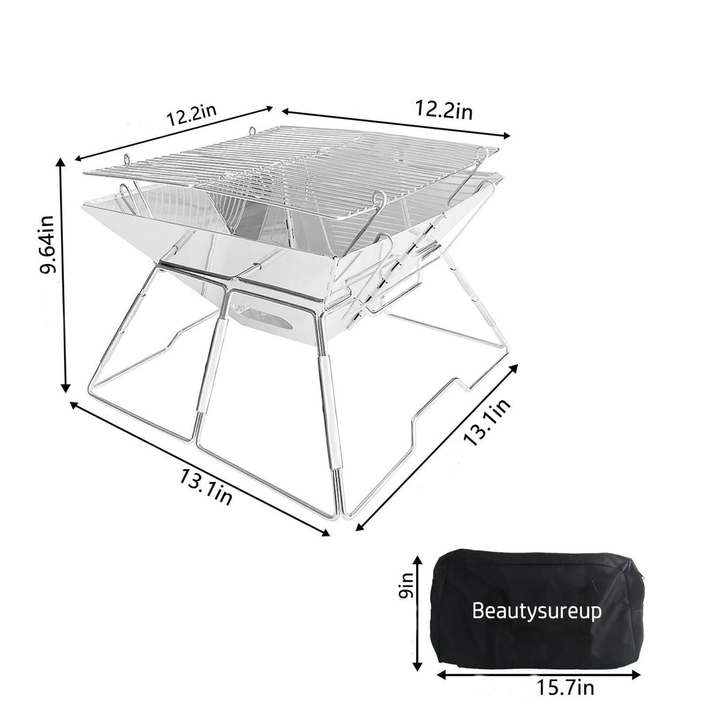 Charcoal Campfire Grill, Folding Quadrangle Barbecue Grill, Portable Stainless Steel Charcoal BBQ Stove U7976