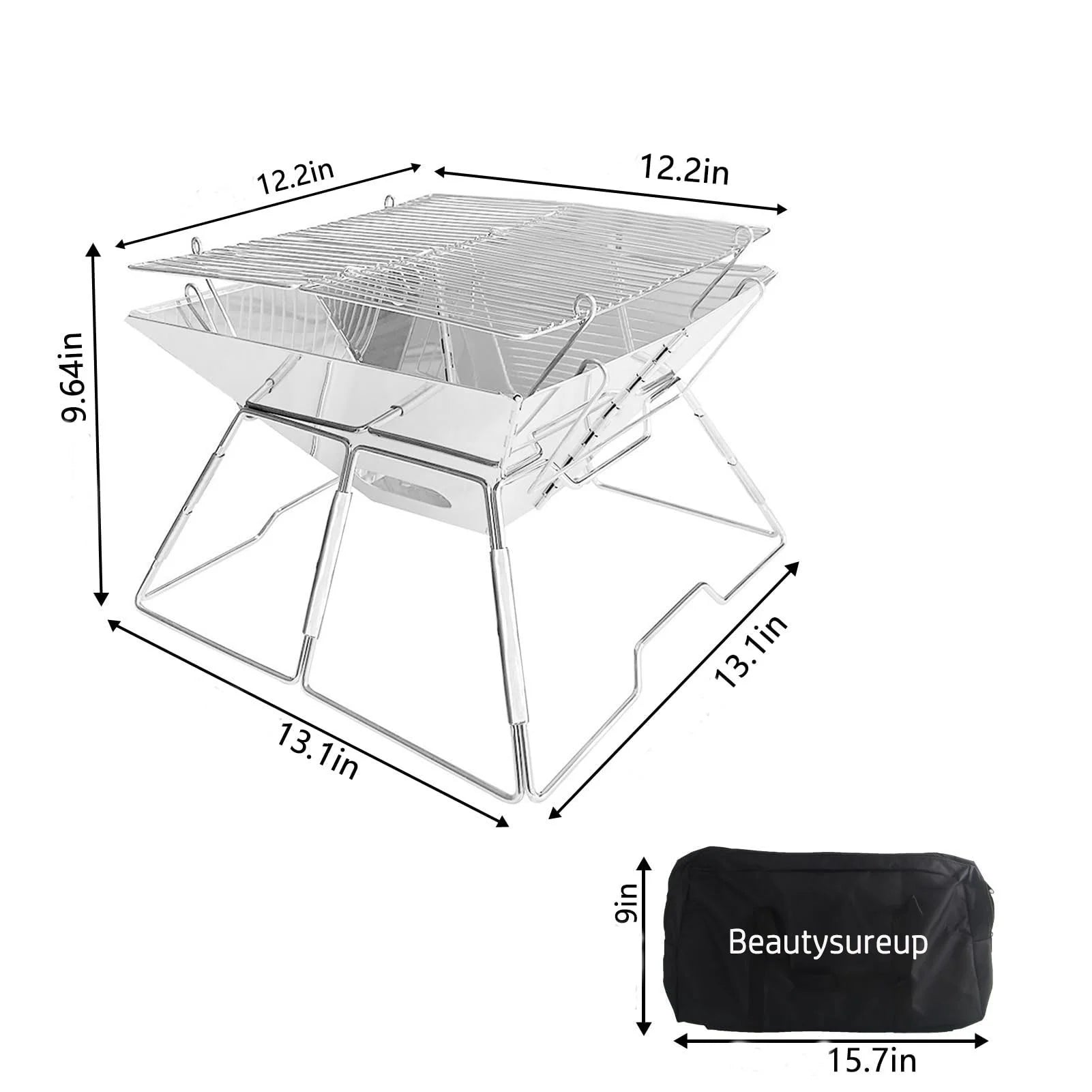 Charcoal Campfire Grill, Folding Quadrangle Barbecue Grill, Portable Stainless Steel Charcoal BBQ Stove U7976