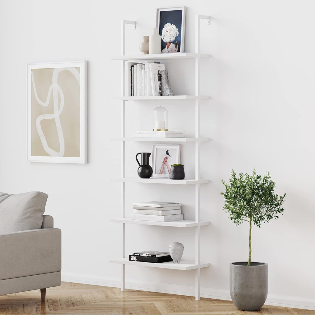 6-Shelf Tall Bookcase with Reclaimed Wood and Industrial Metal Frame, Oak/Black L4564