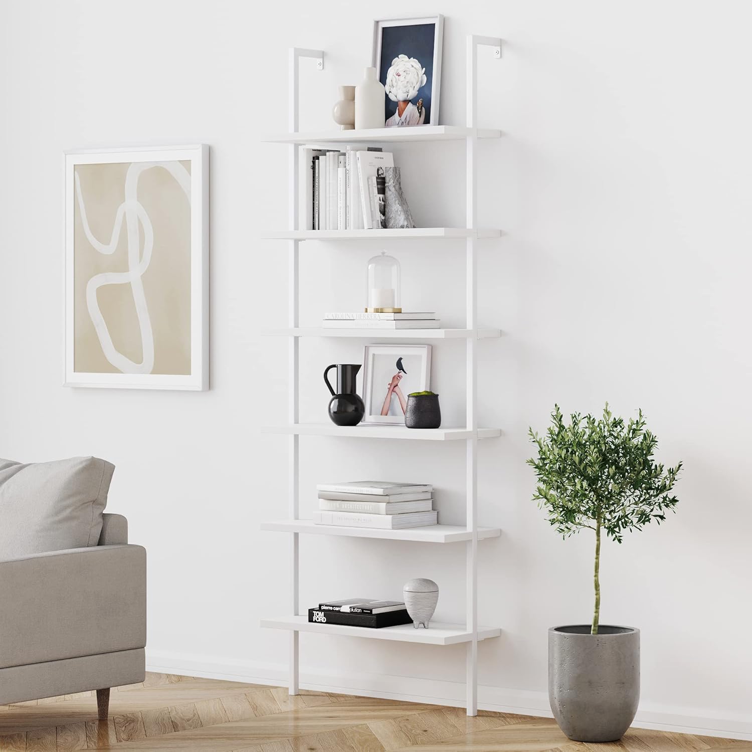 6-Shelf Tall Bookcase with Reclaimed Wood and Industrial Metal Frame, Oak/Black L4564
