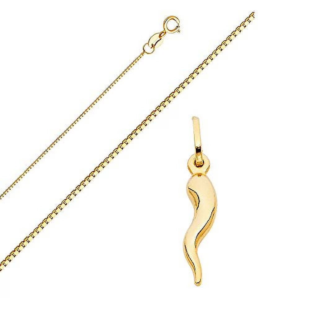 14k Yellow Gold Cornicello Pendant with Box Link Chain Necklace A580