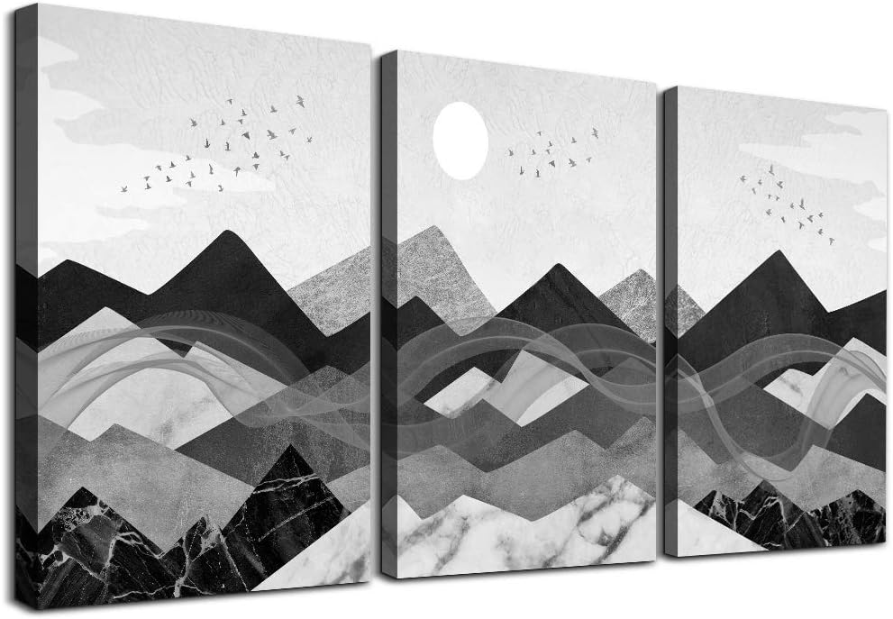 3 Piece Framed Canvas Wall Art Black and White Abstract Geometric Mountains K8928