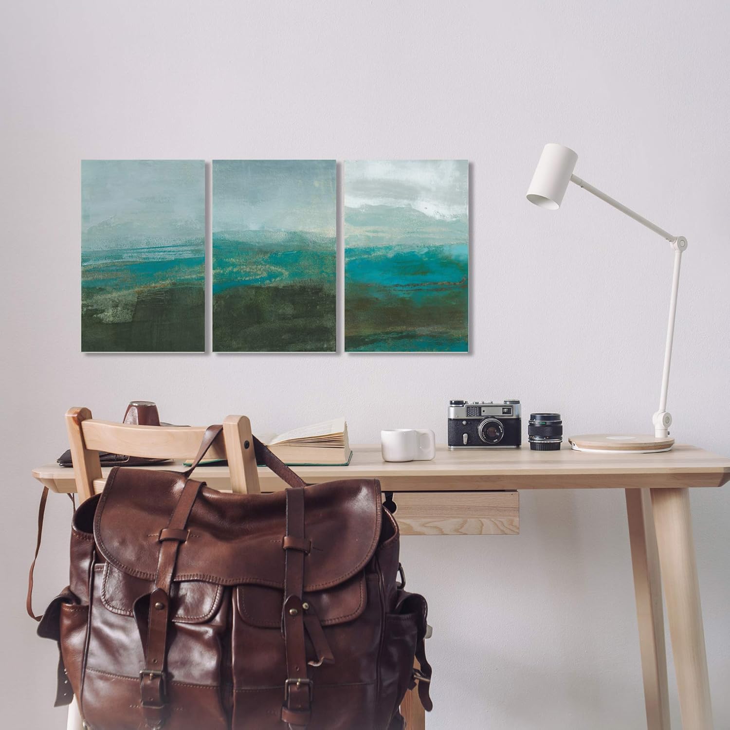 Turquoise Blue Brown Abstract Seascape Wall Plaque, 3pc, 11 x 17 O183