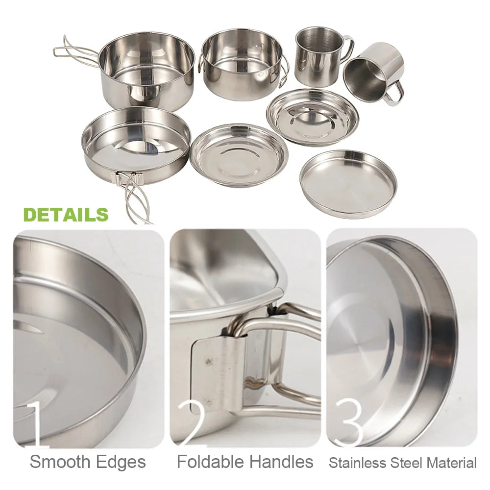 8PCS Stainless Steel Camping Cookware Mess Kit Y54468