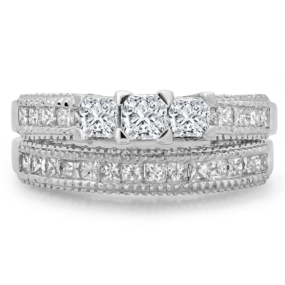 10K White Gold Diamond Bridal 3 Stone Engagement Ring With Matching Band Y618359
