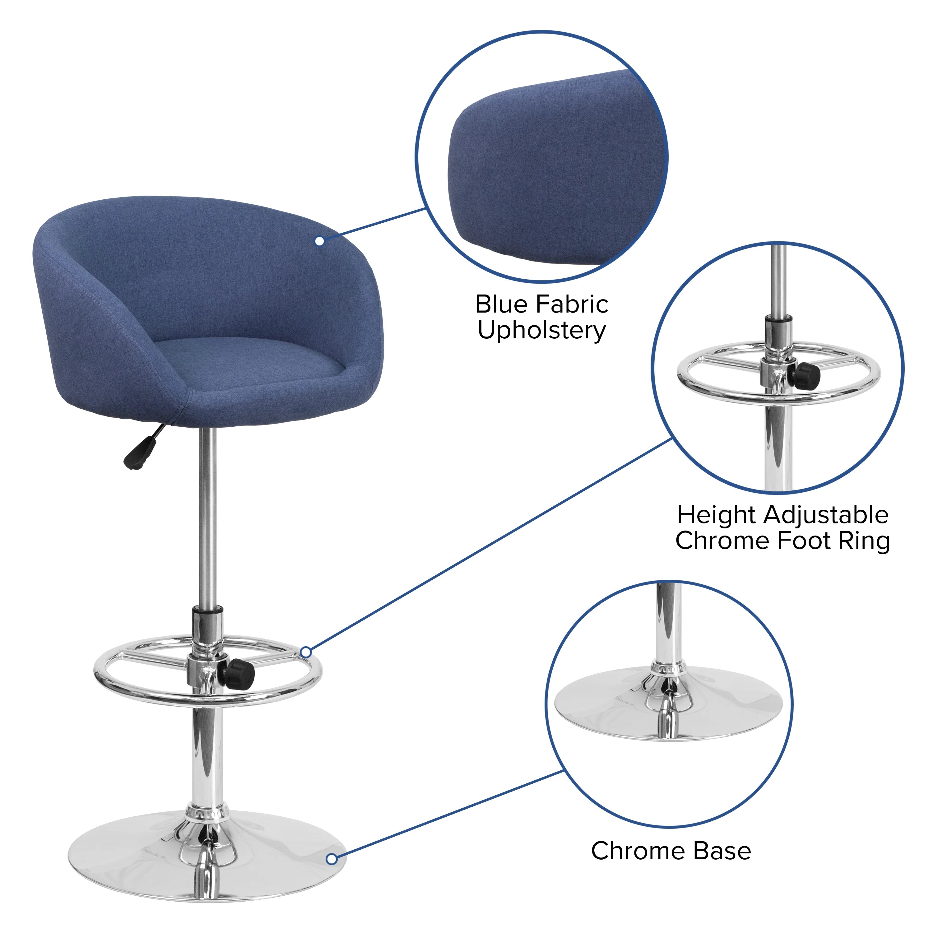 Blue Fabric Adjustable Height Barstool with Barrel Back and Chrome Base H8021