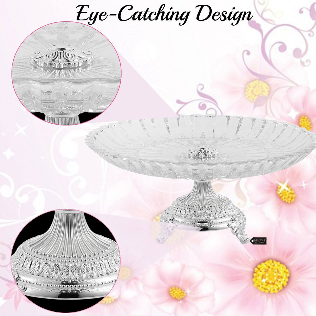 Crystal Cake Plate Decorative Dish Round Serving Platter with Silver Plated Pedestal Base M14759