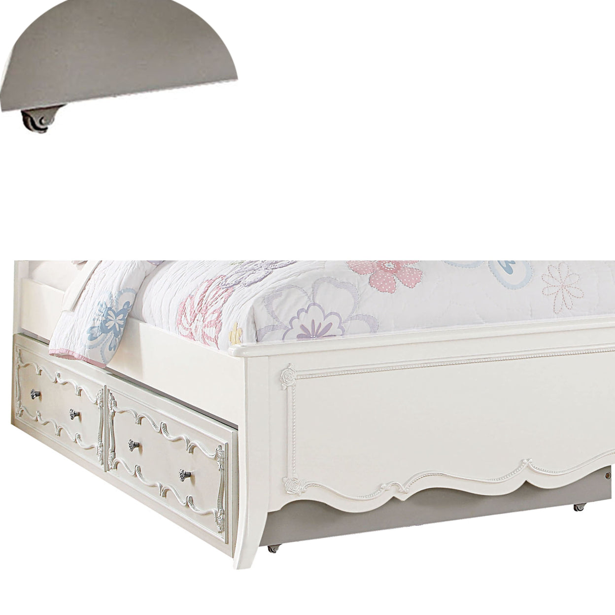White Twin Size Wooden Trundle with Round Knobs and Caster Wheels G384