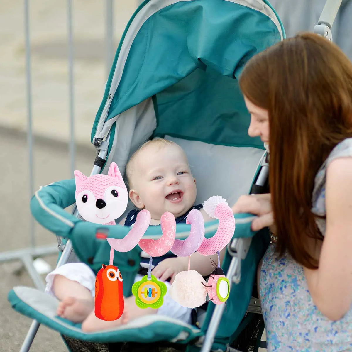 Pink Fox Plush Hanging Stroller Toys with Musical Sheep Rattles Owl Ladybird Distorting Mirror X47362