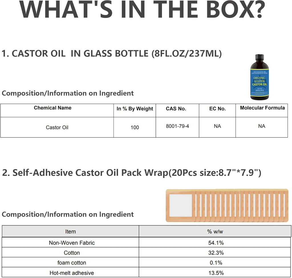 Castor Oil Organic Cold Pressed Unrefined in Glass Bottle (8fl.oz/237ml), 20Pcs Self-Adhesive Castor Oil Pack Wrap Kits D4029