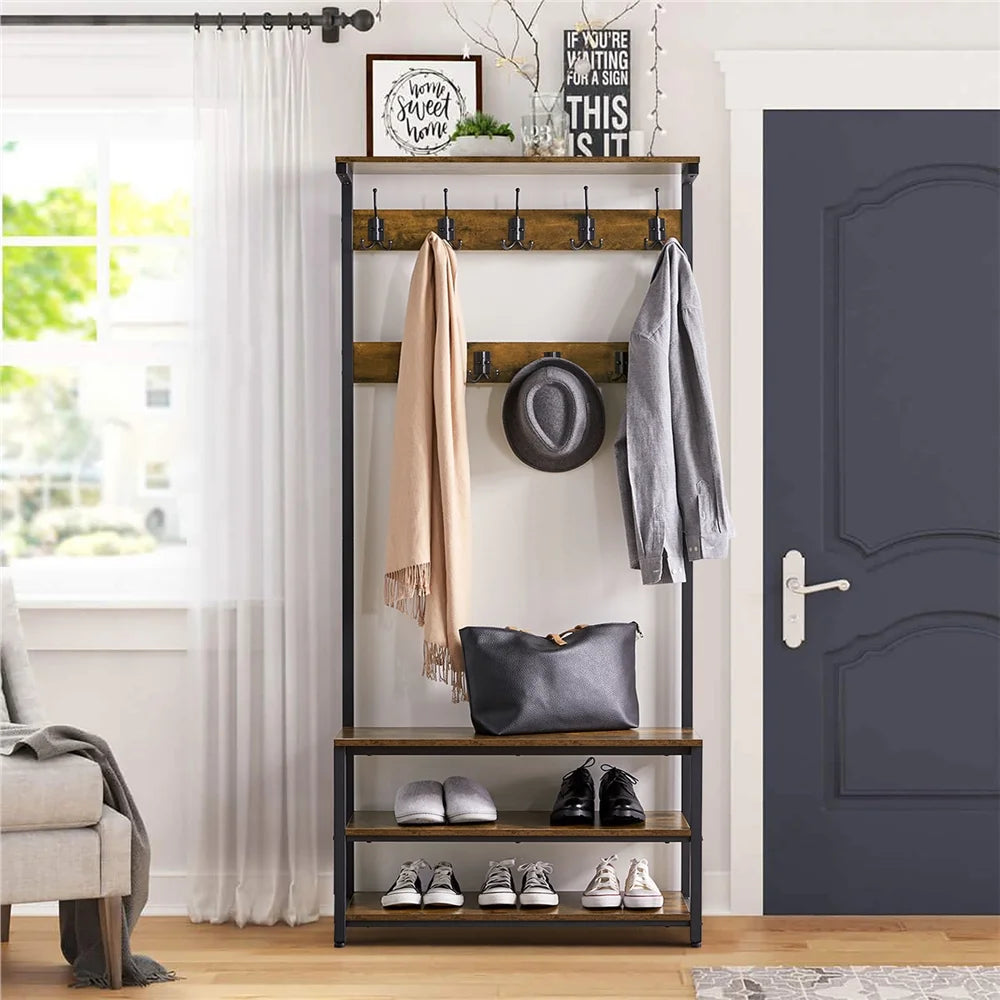 Rustic Brown 3-in-1 Industrial Hall Tree with Shoe Storage & Hooks R641