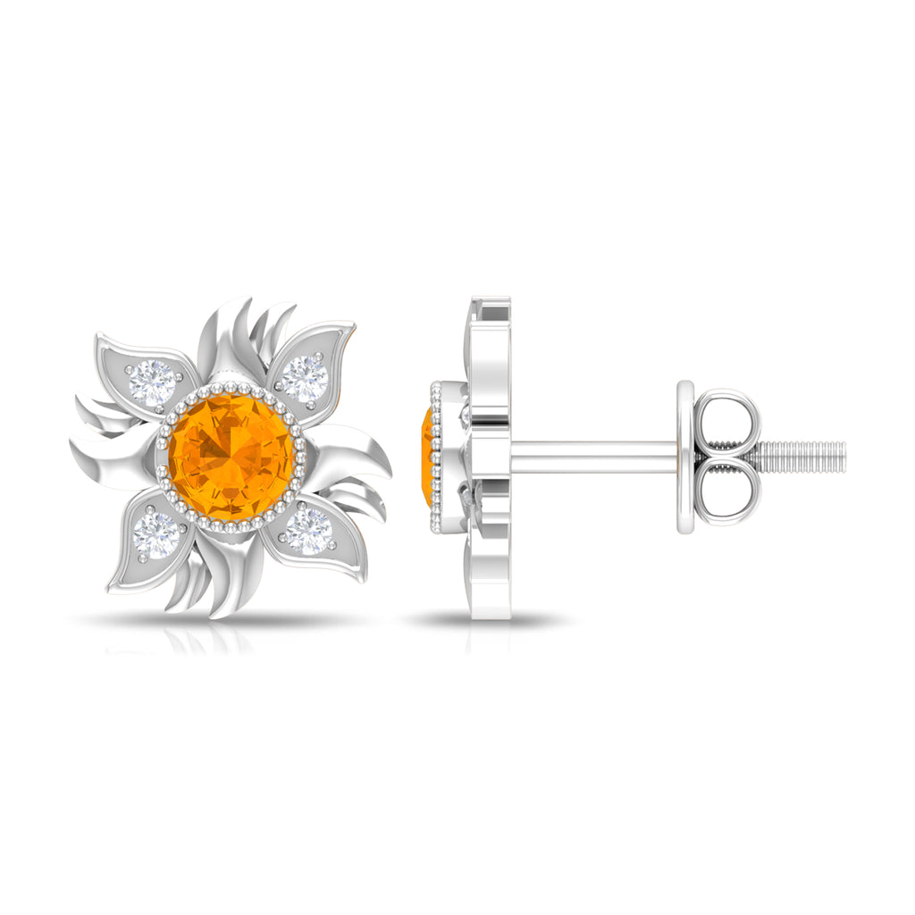 18K White Gold Orange Sapphire Stud Earrings with Diamond Y875