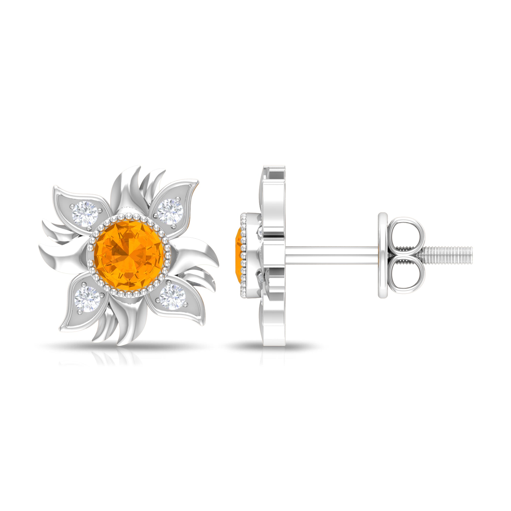 18K White Gold Orange Sapphire Stud Earrings with Diamond Y875