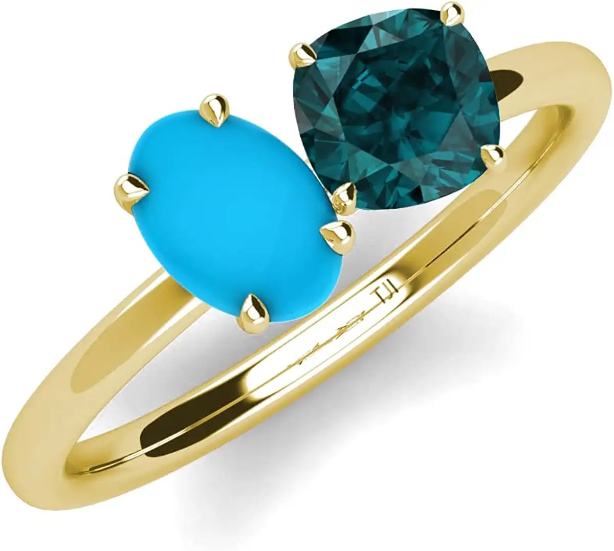 Oval Turquoise & Cushion London Blue Topaz 2 1/3 ctw Four Prong 2 Stone Engagement Ring 10K Yellow Gold U78642