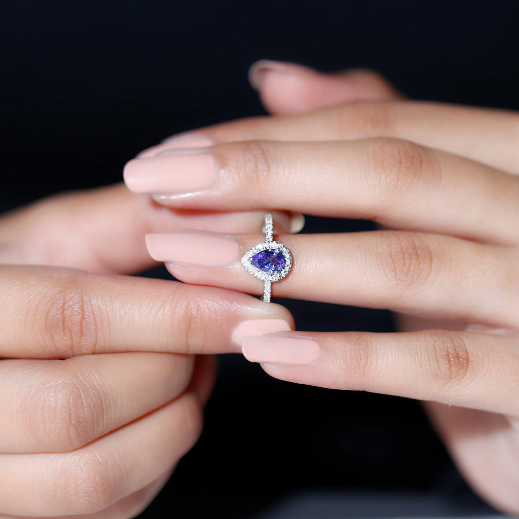 Tanzanite Teardrop Ring with Diamond Halo, 925 Sterling Silver G602