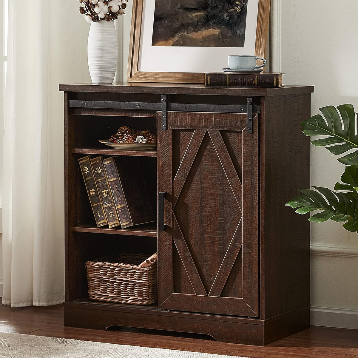 Rustic Brown Farmhouse Buffet Sideboard with Sliding Barn Door D884