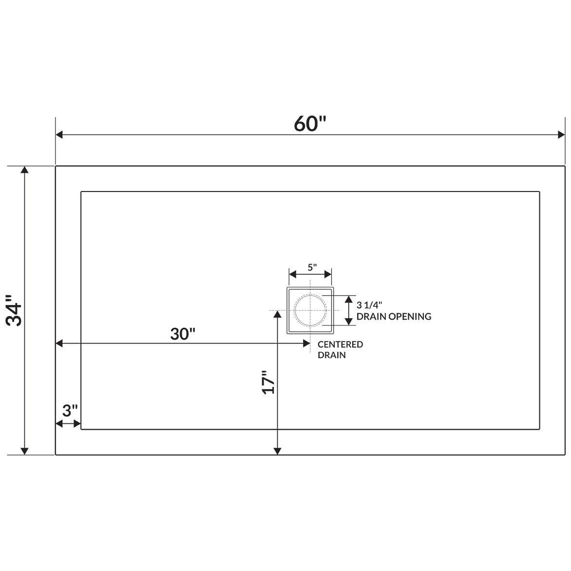 60 x 34 Single Double Threshold Shower Base Pan Center Drain White J577