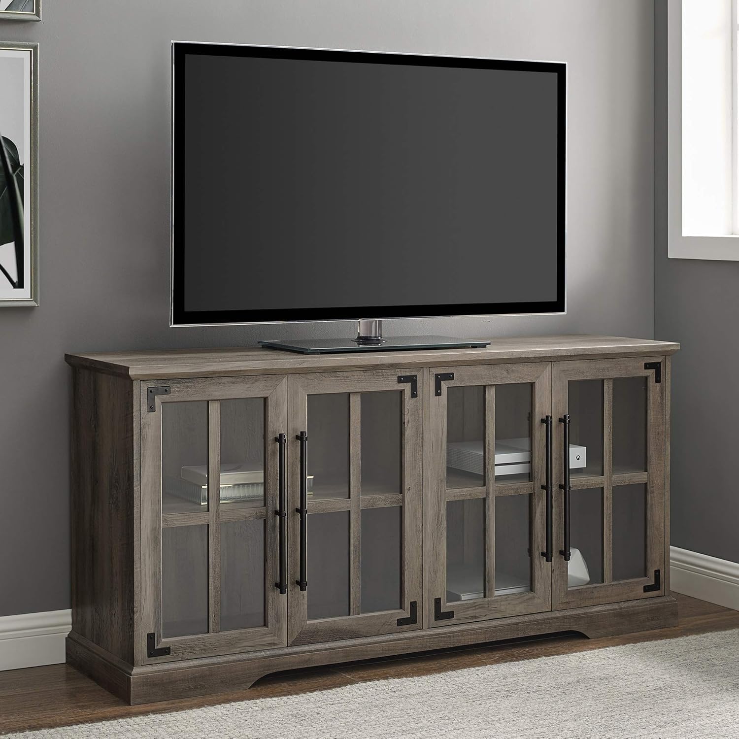 Rustic Oak 58 Inch Wood TV Stand with Storage Cabinet Doors and Shelves P742