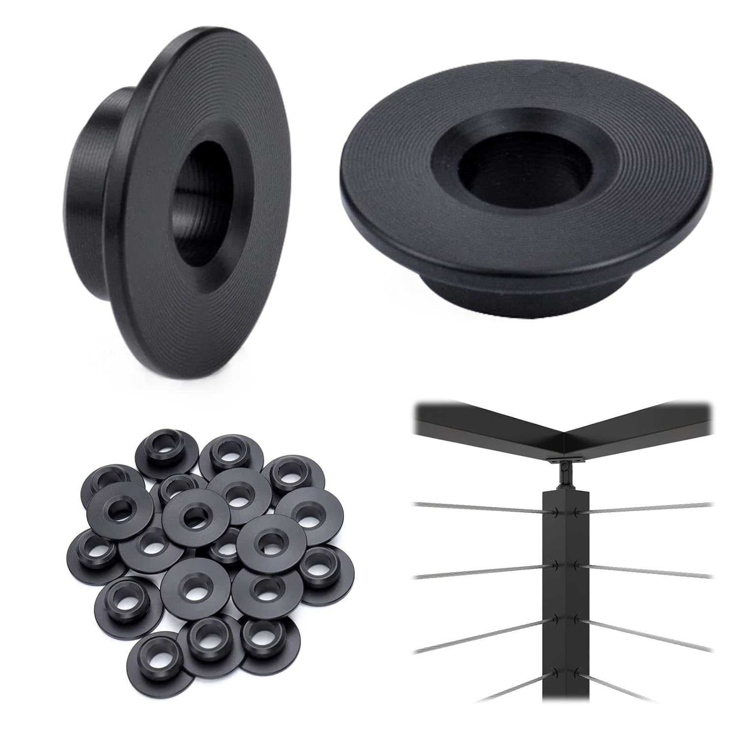 Black Cable Railing Kit 1/8 Wheel Protective Protector Sleeves Washer Insert Plug POM for Wire Rope Metal Posts Deck Balcony B9547