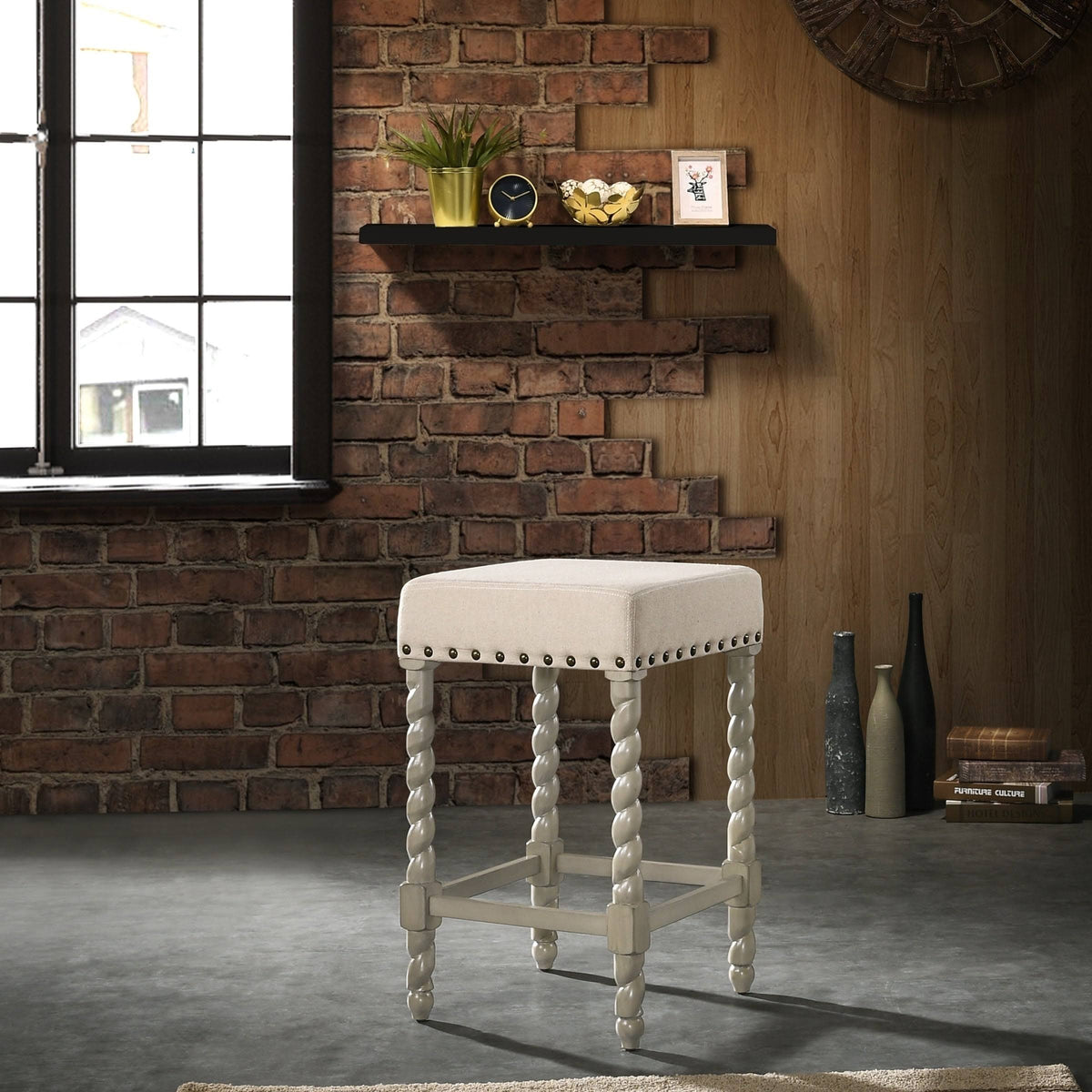 Cream Linen and Espresso Wood Twisted Leg Bar Stool B462505