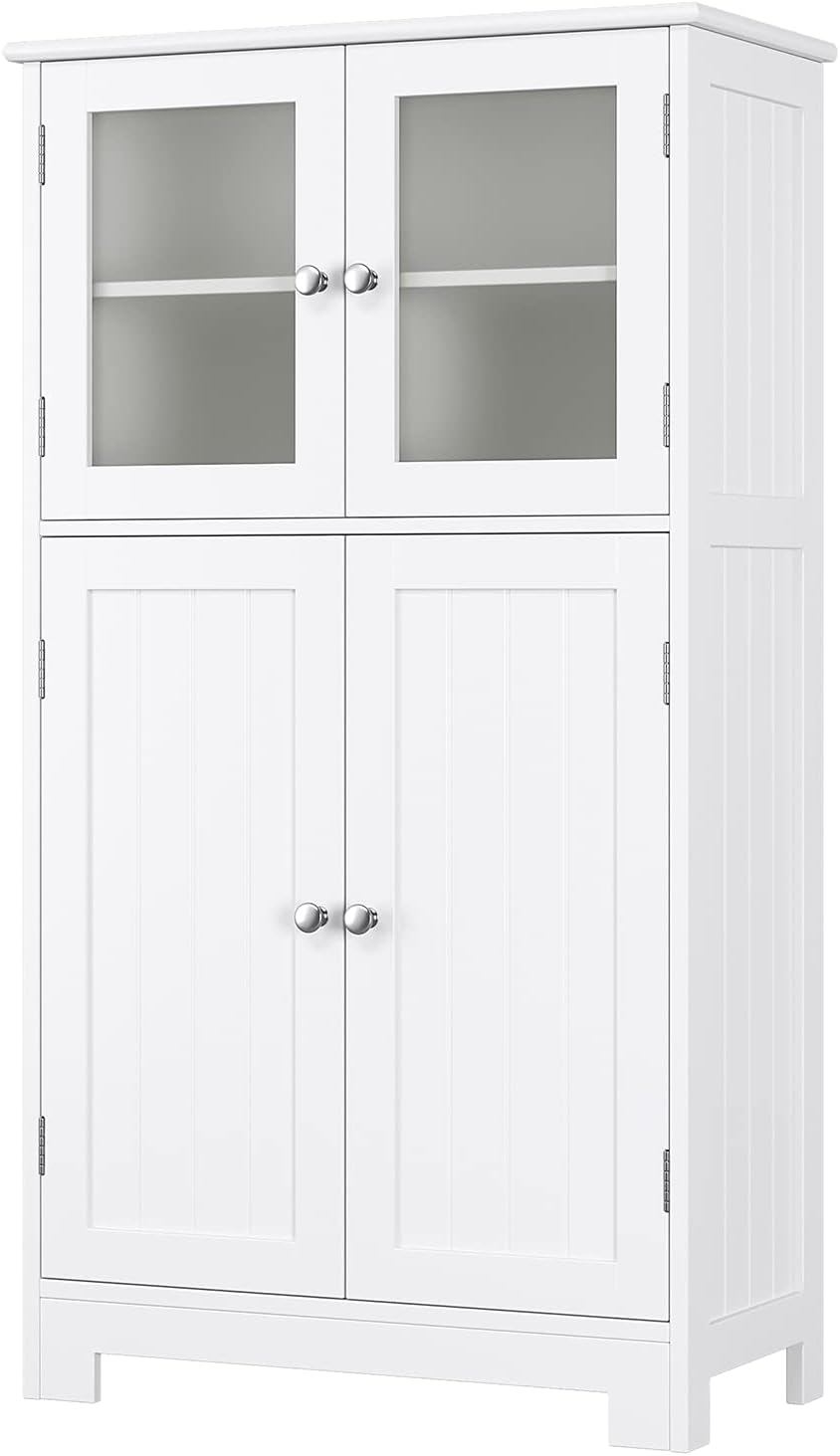 White Freestanding Floor Linen Cabinet with Doors and Adjustable Shelves E109335