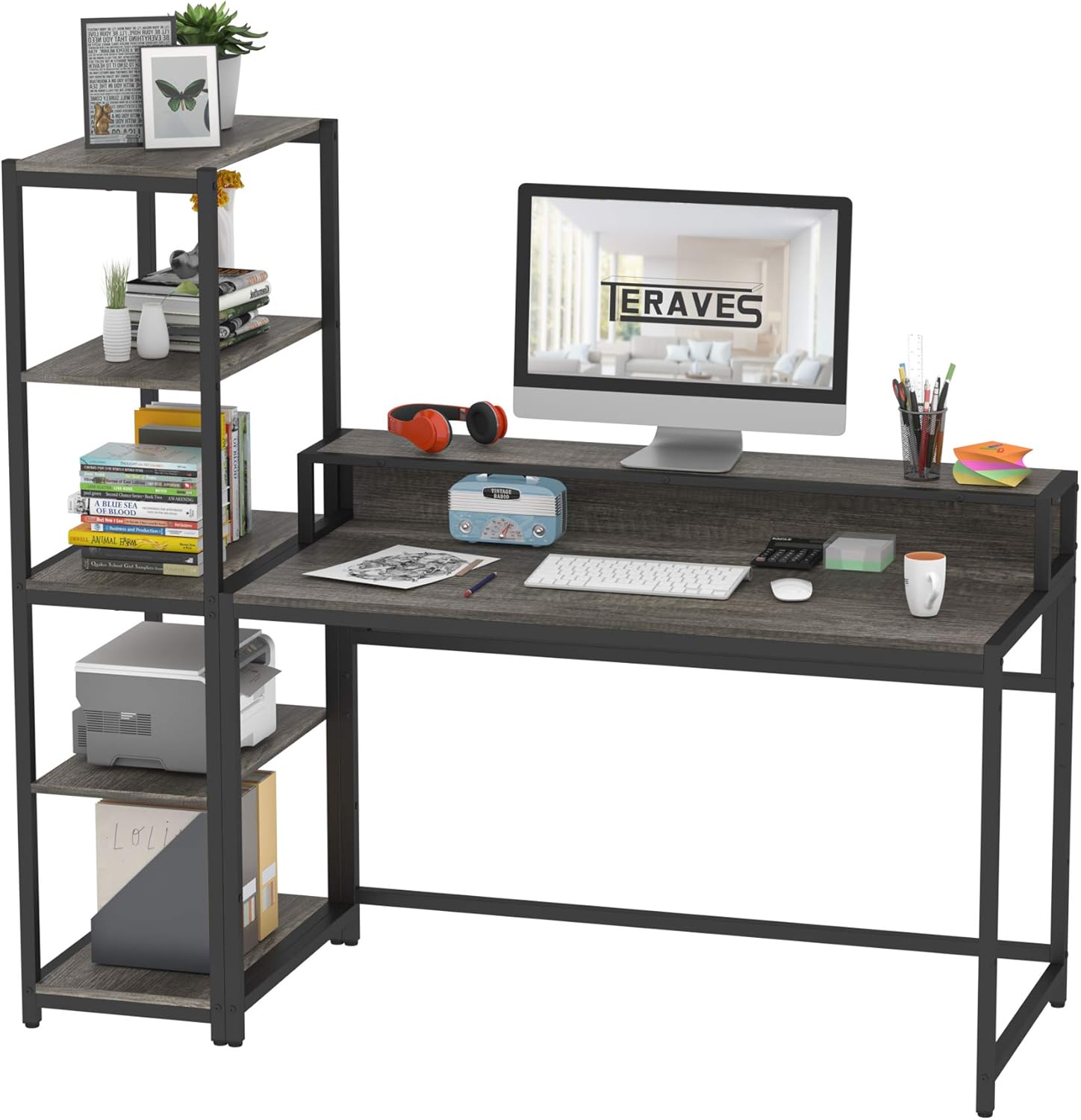 Teak 47 Inch Computer Desk with 5 Tier Shelves M248