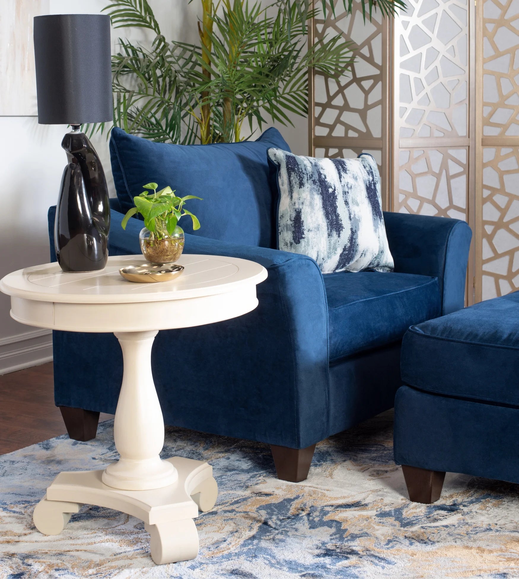 Navy Blue Fabric Pillowback Armchair with Ottoman Set B28413