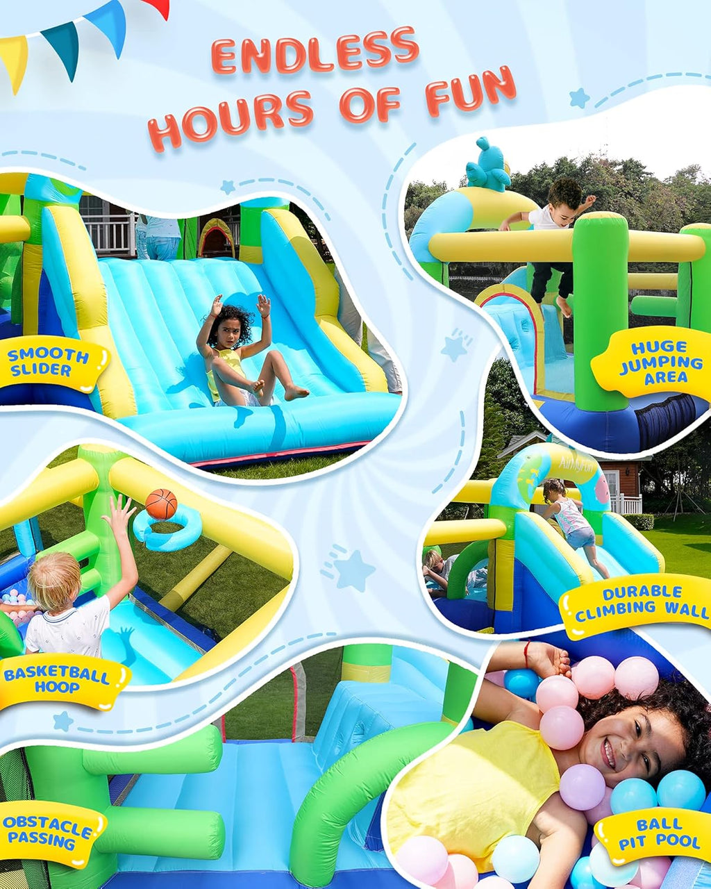 Inflatable Bounce House with Blower, Wide Slide, Ball Pool W518247
