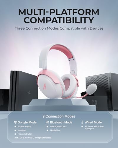 Wireless Gaming Headset with Bluetooth 5.4, 53MM Stereo Sound, 65H Battery, ENC Noise Canceling Mic Black&Red W465