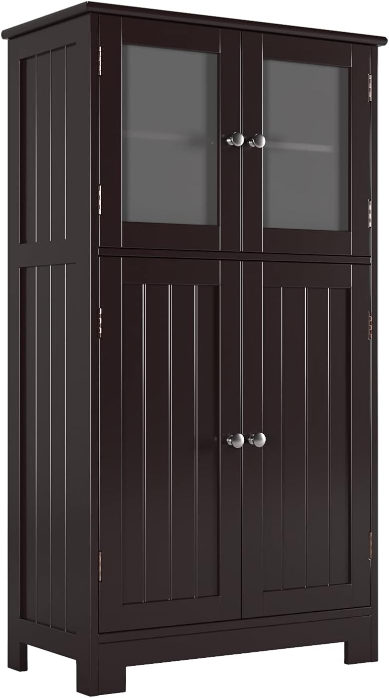 White Freestanding Floor Linen Cabinet with Doors and Adjustable Shelves E109335