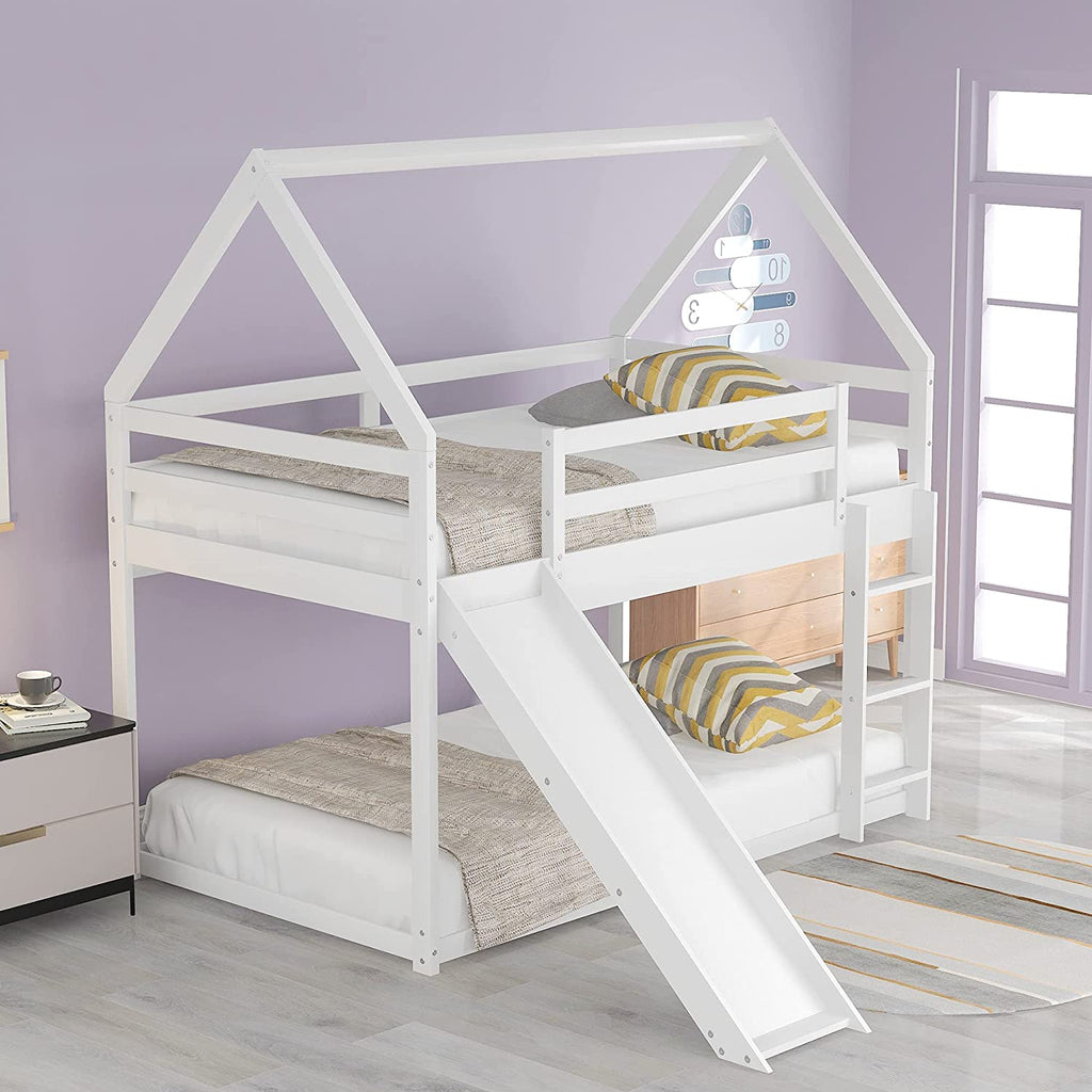 White Wood Buk Bed With Slide P9022