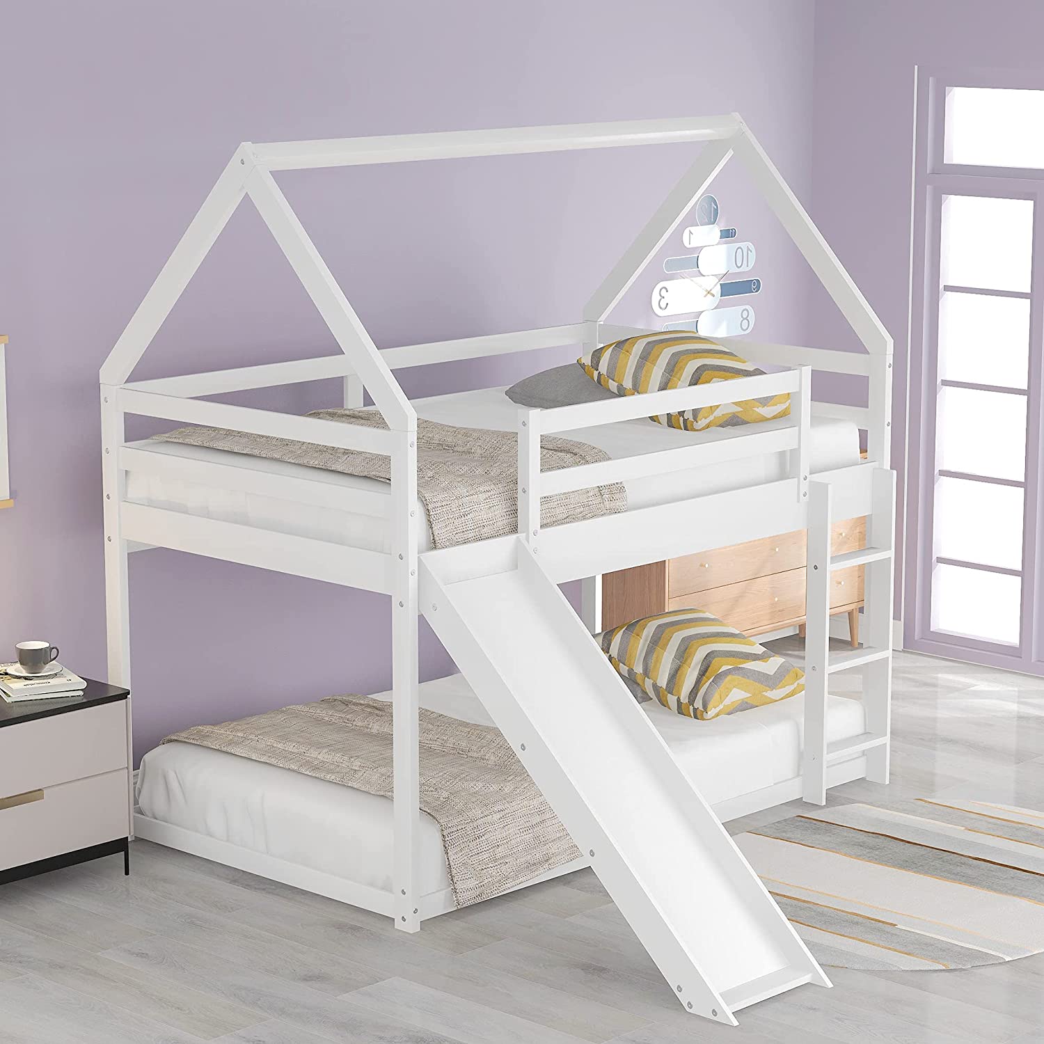 White Wood Buk Bed With Slide P9022