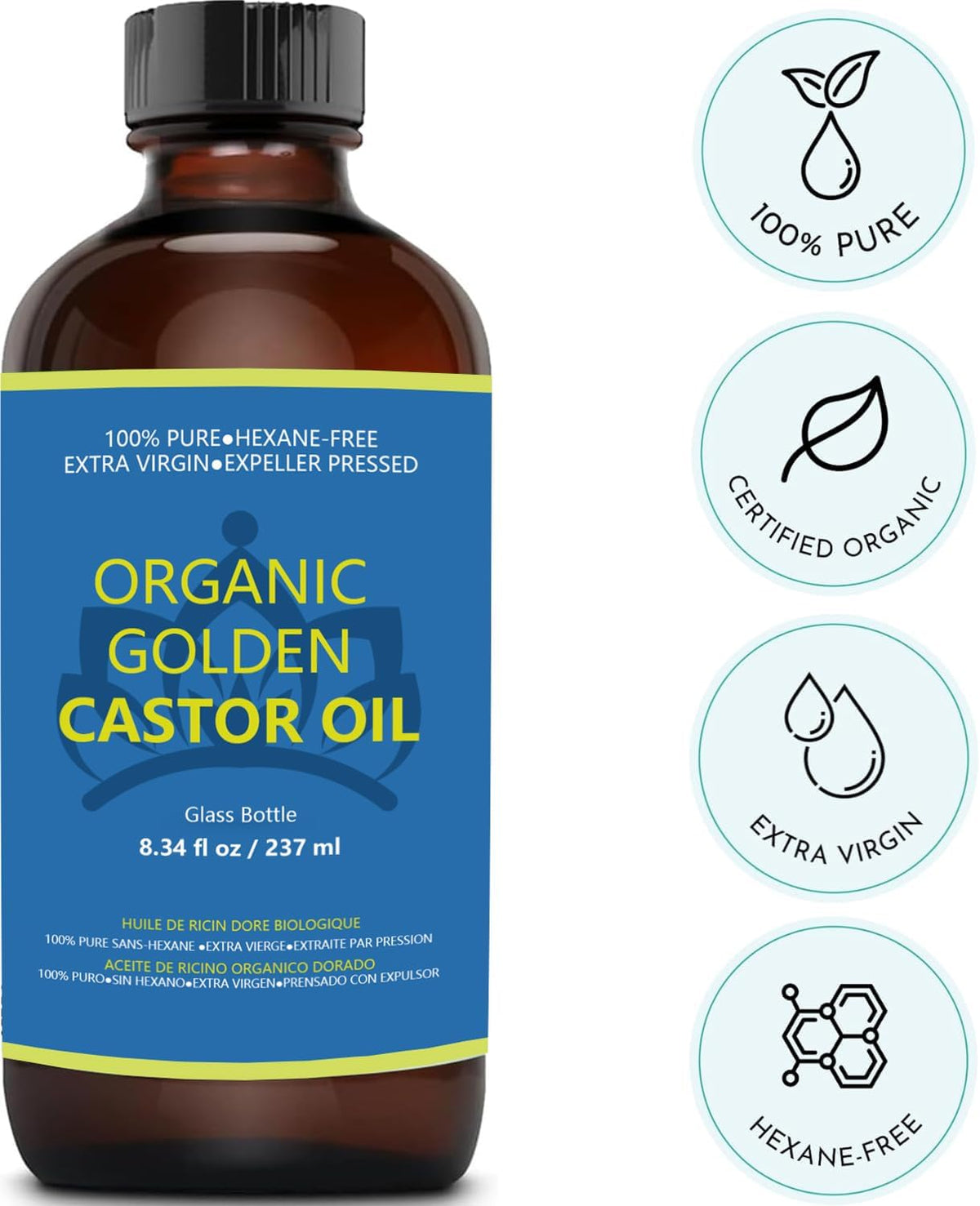 Castor Oil Organic Cold Pressed Unrefined in Glass Bottle (8fl.oz/237ml), 20Pcs Self-Adhesive Castor Oil Pack Wrap Kits D4029